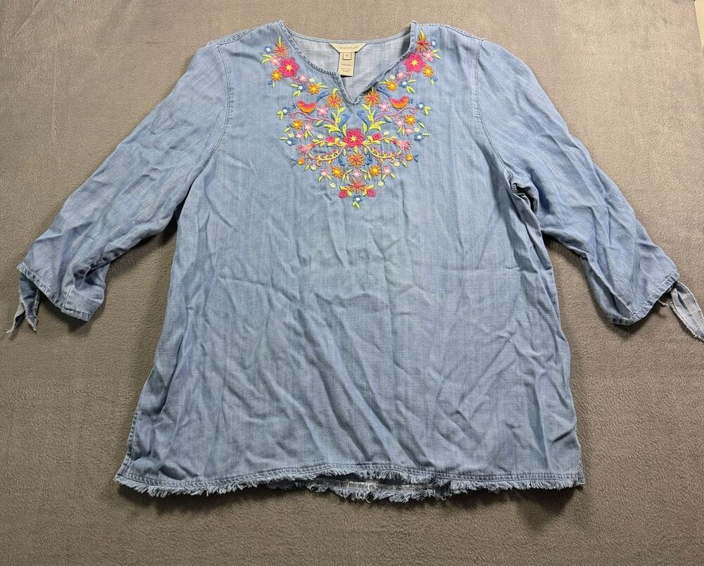 Multiples Embroidered Chambray Blouse Women XL Blue Tercel Frayed Hem Tie Sleeve